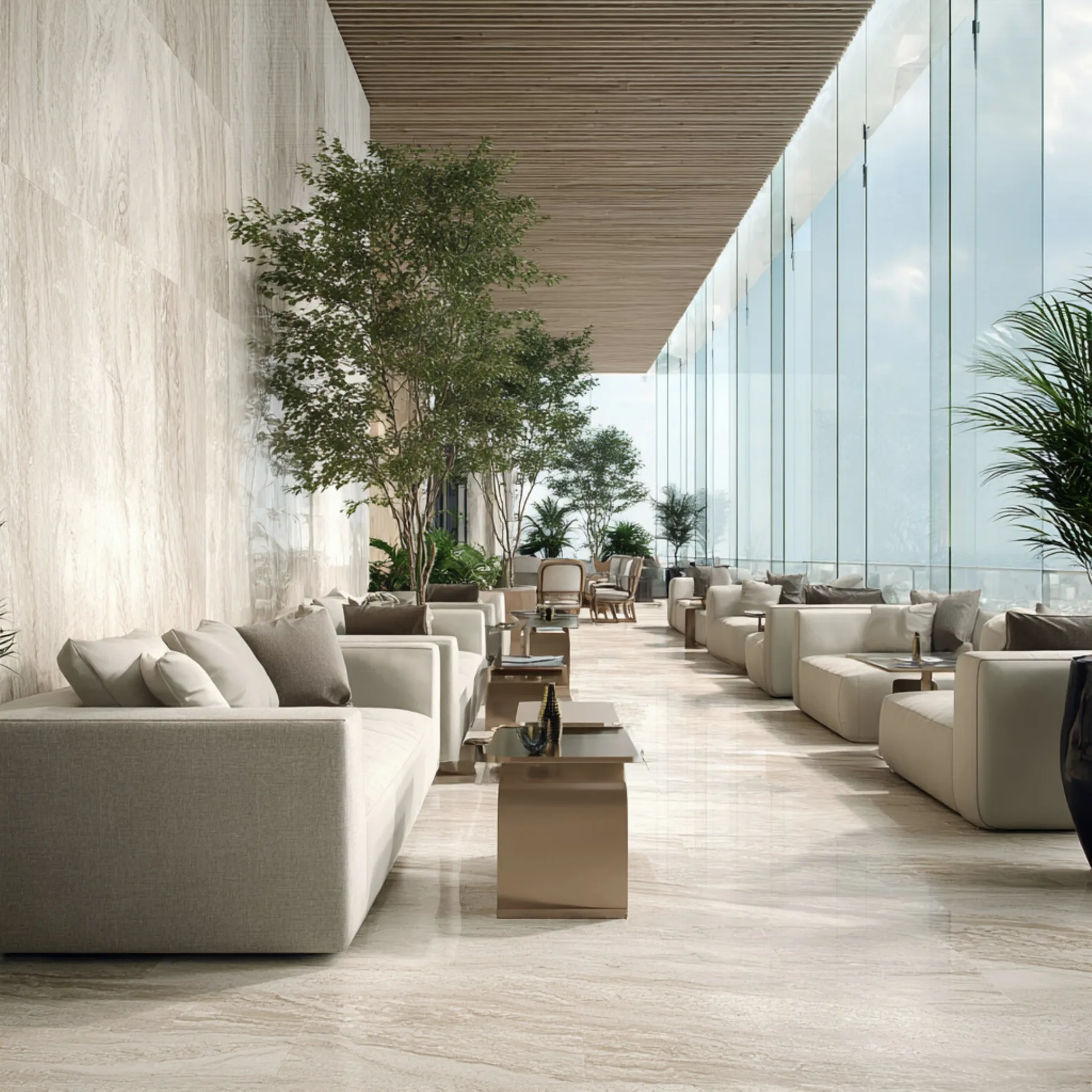 Business lounge with skyline glazing at 1970 Dubai office tower