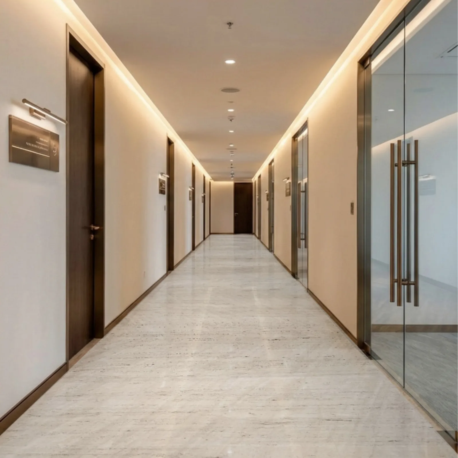 Private office corridor on a typical floor of 1970 office tower