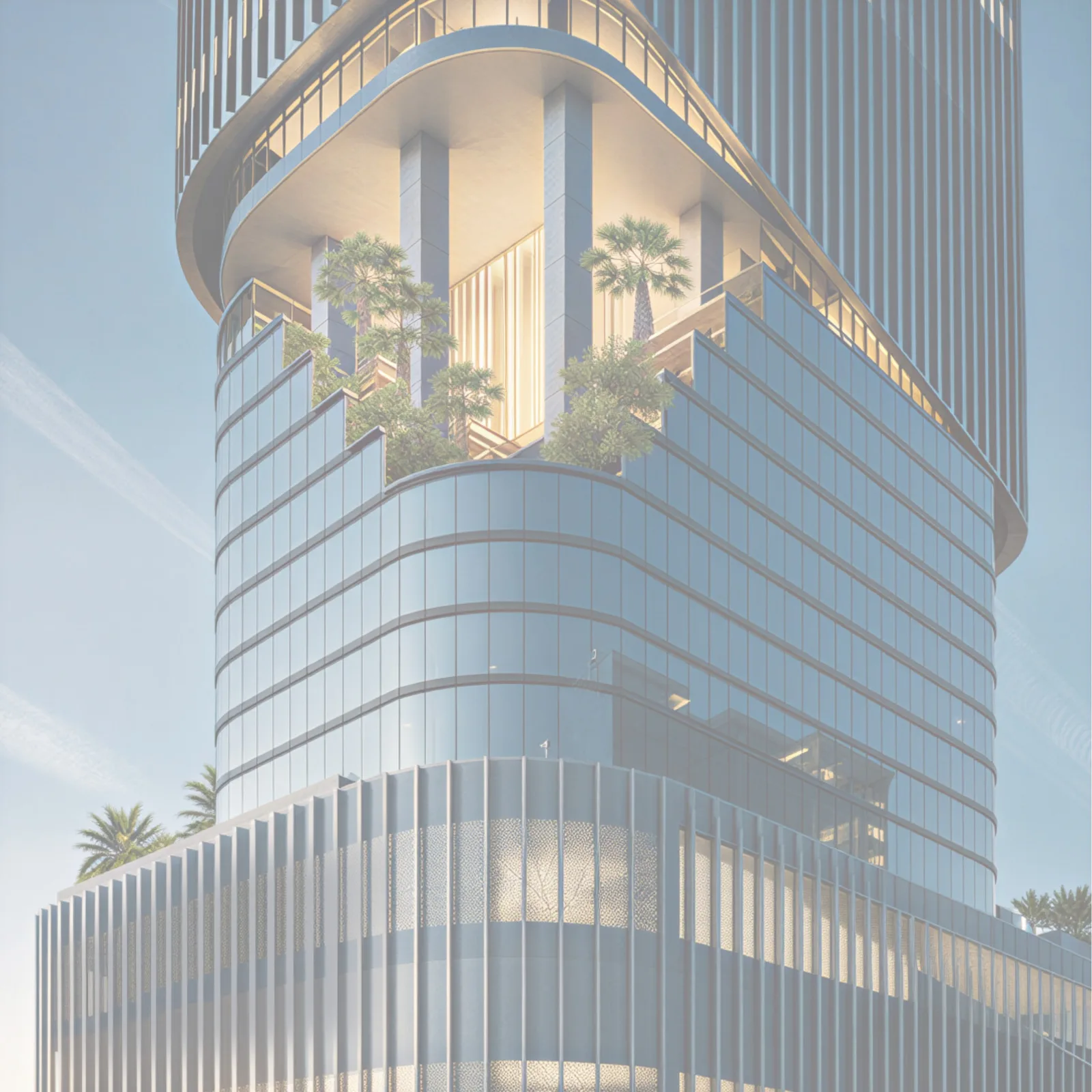 Crown and upper sky gardens of 1970 Al Habtoor office tower Dubai in daylight