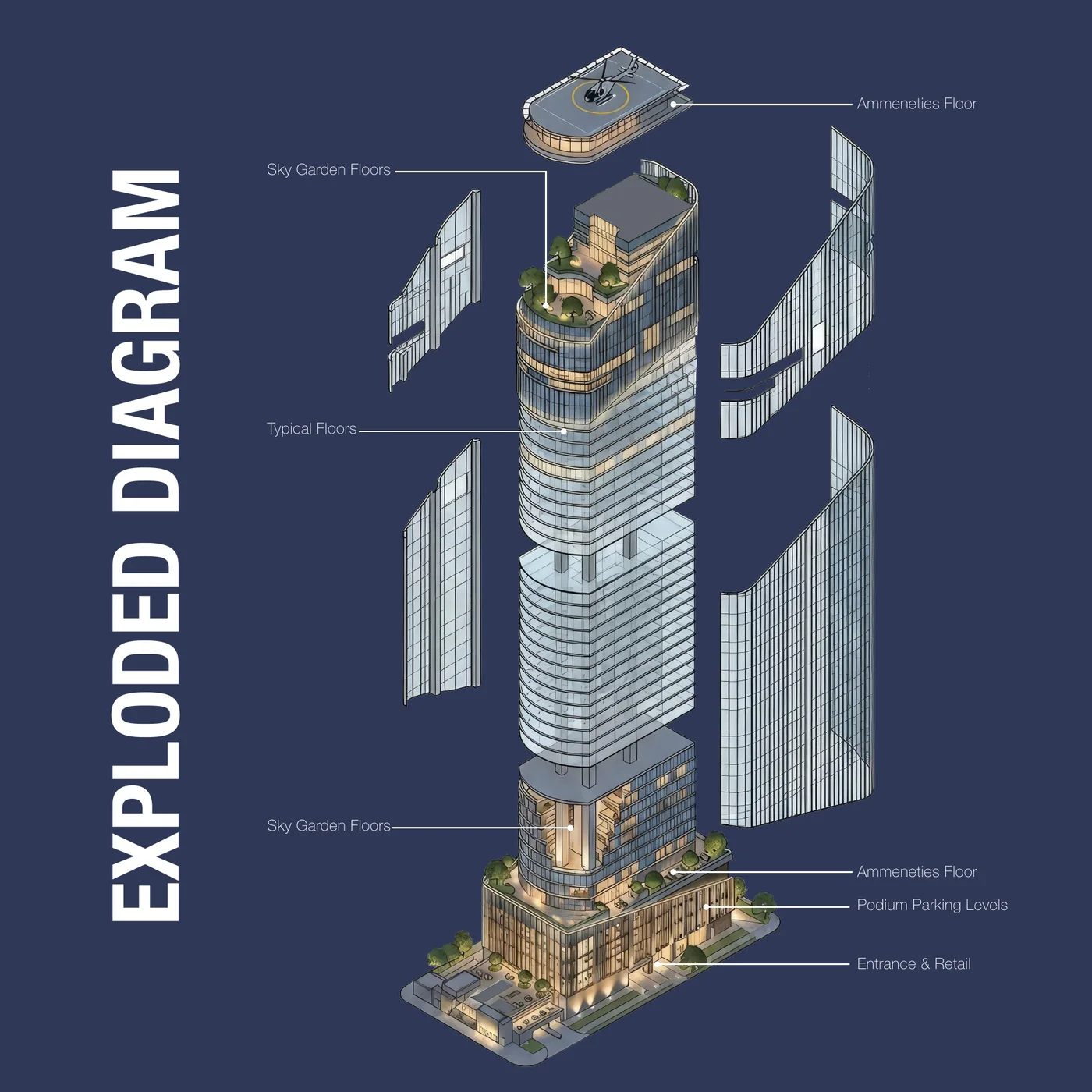 Exploded axonometric diagram of the 1970 office tower Dubai stack