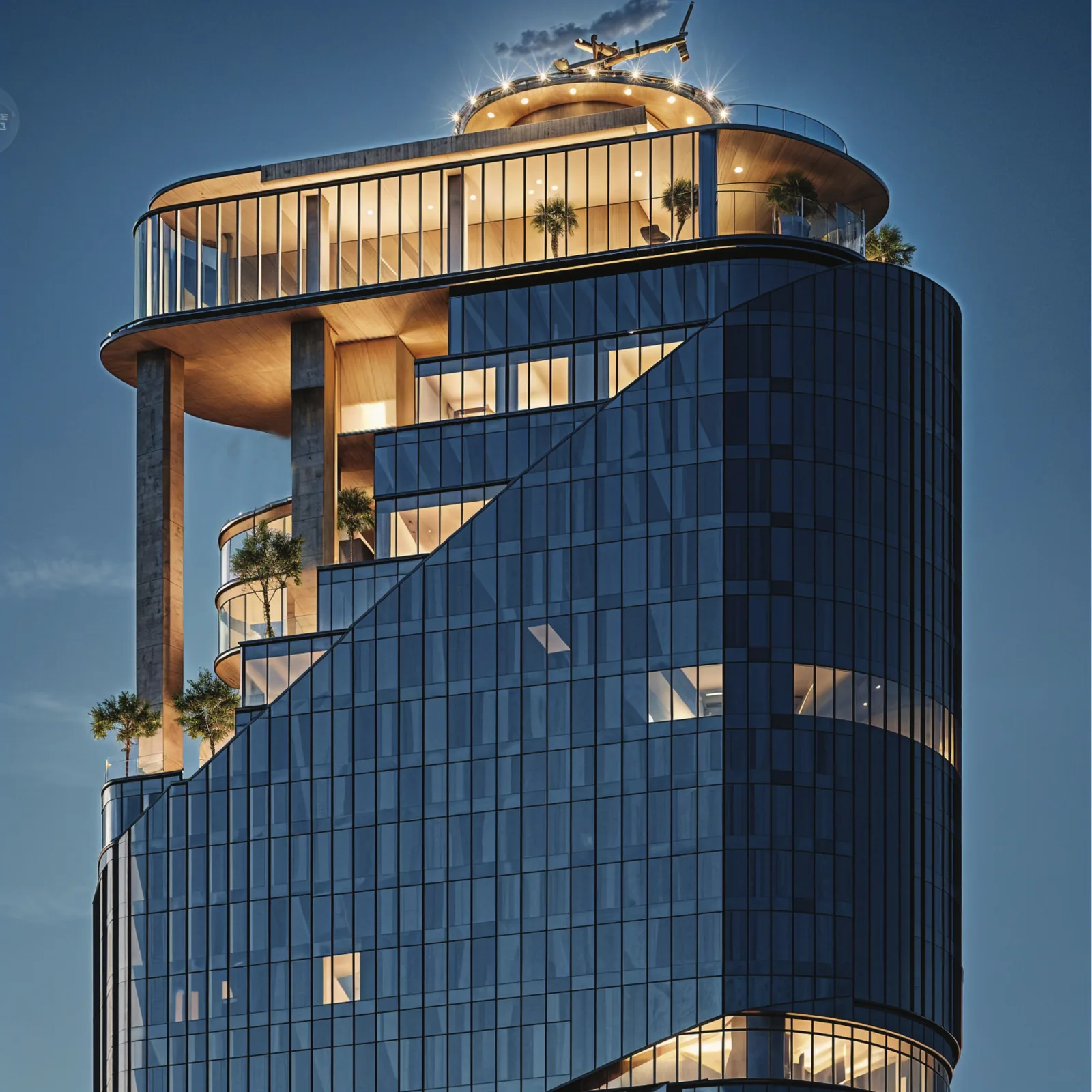 Curved glazed façade of the 1970 office tower in Dubai