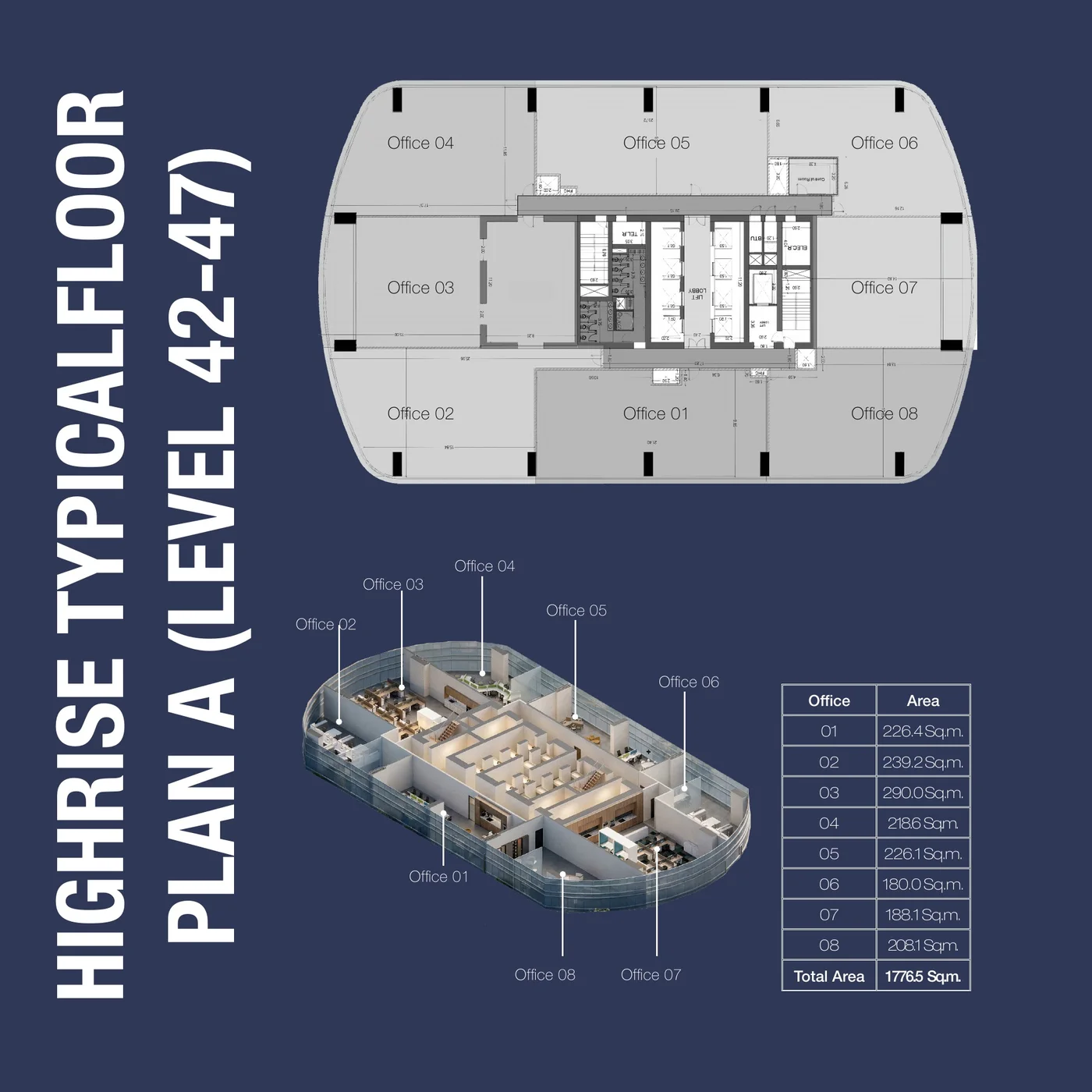 High-rise typical floor plan levels 42 to 47 at 1970 office tower