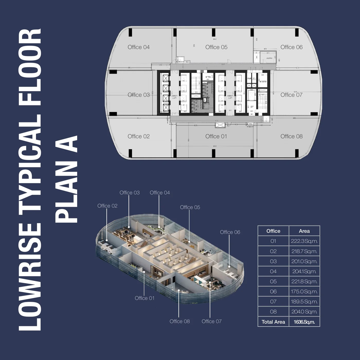Low-rise typical floor plan A for 1970 Office Tower Dubai with eight offices