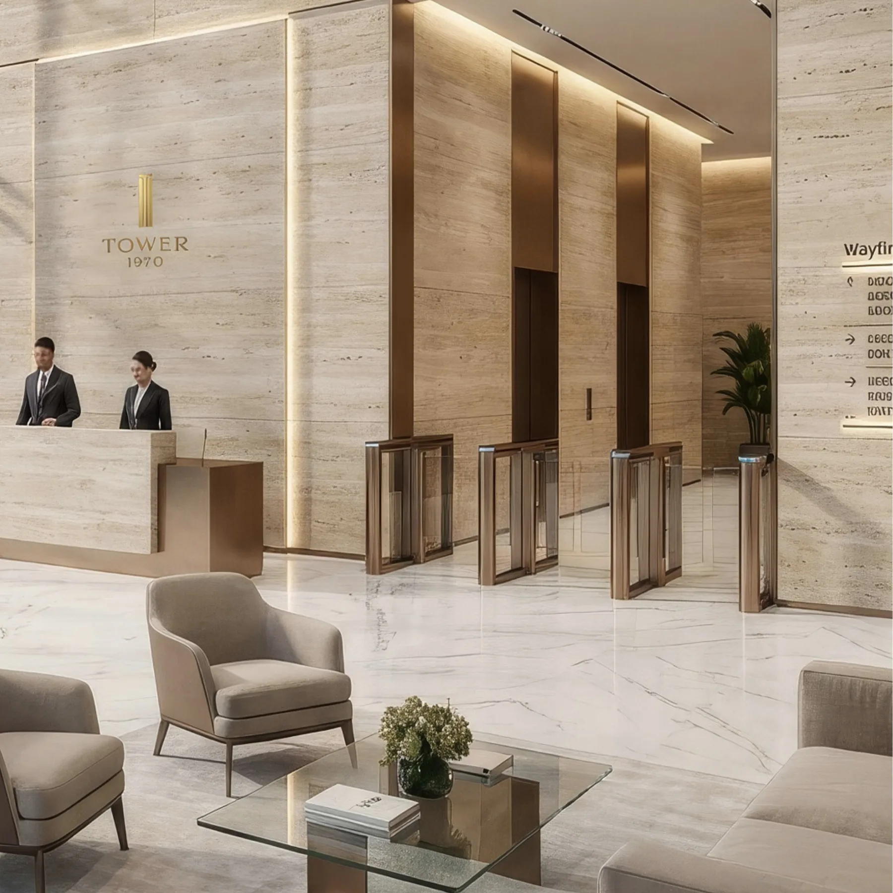 Grand double-height lobby with concierge at 1970 Dubai office tower