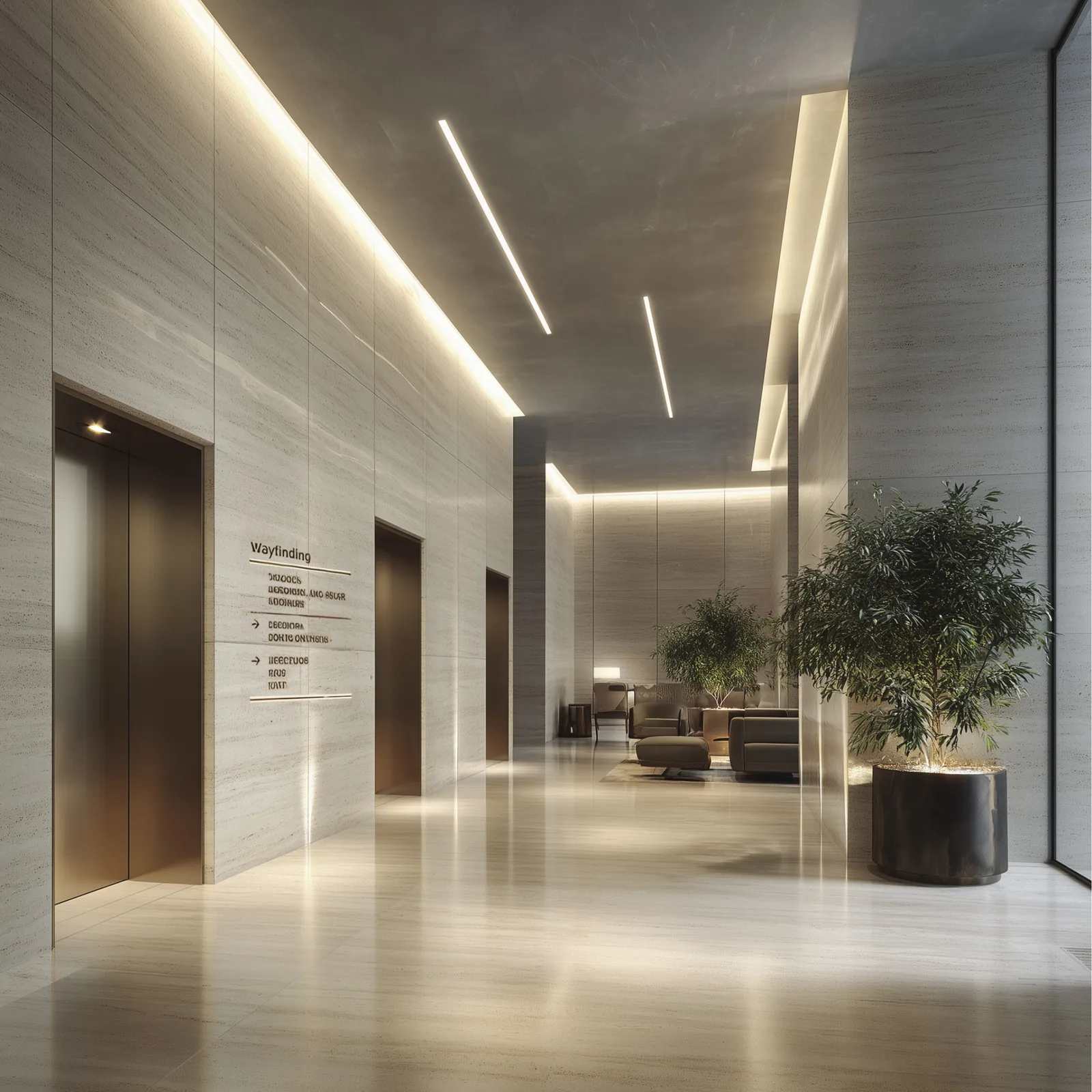 Lift lobby with marble finishes at 1970 Office Tower Dubai