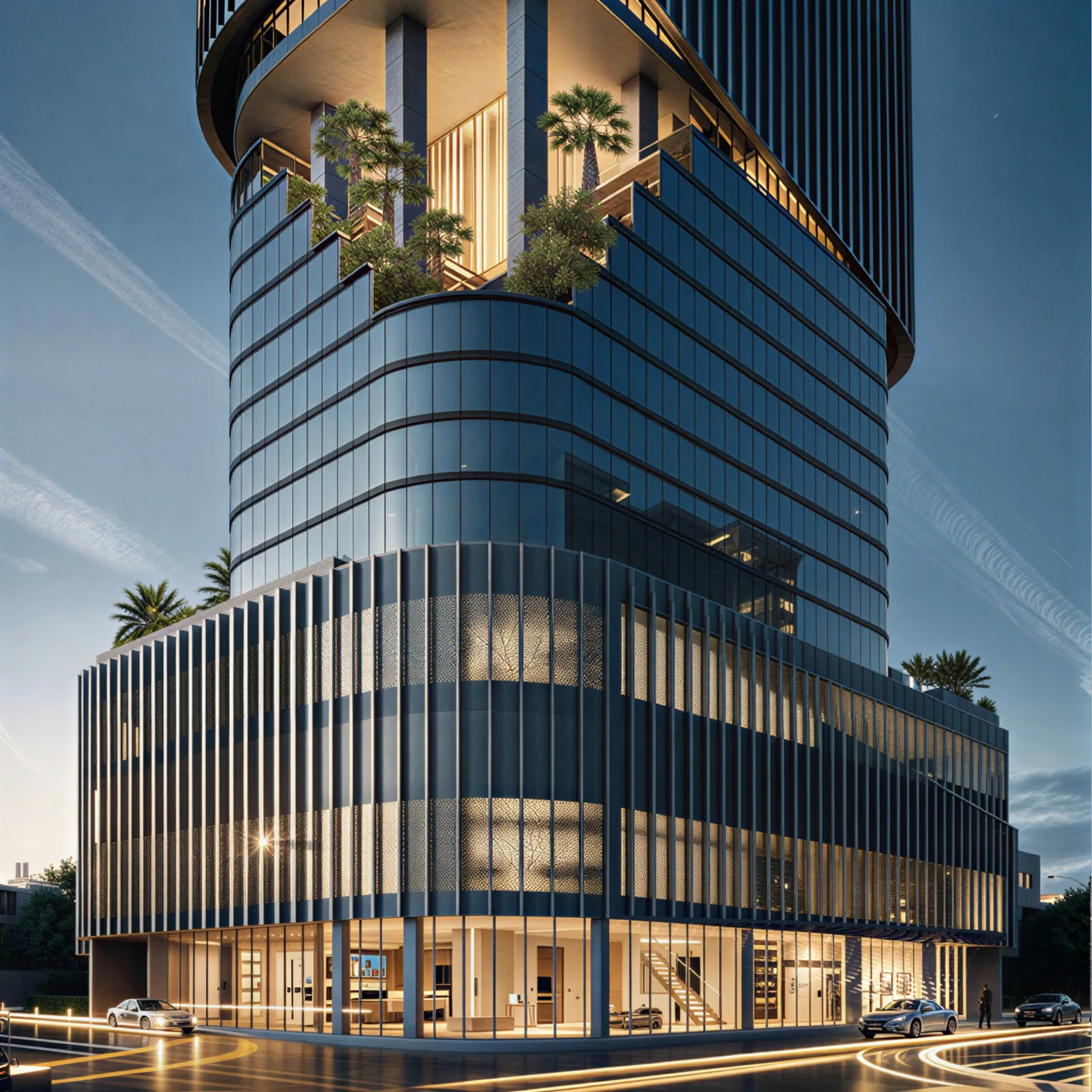 Seven-level podium and arrival drop-off at the 1970 Dubai office tower