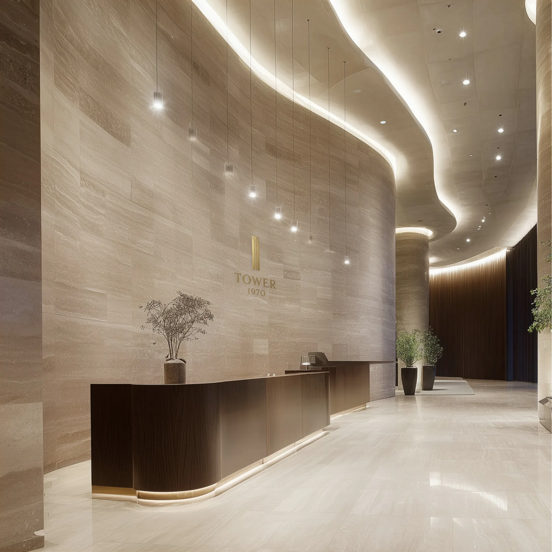 Stone reception desk in the 1970 Al Habtoor office tower lobby