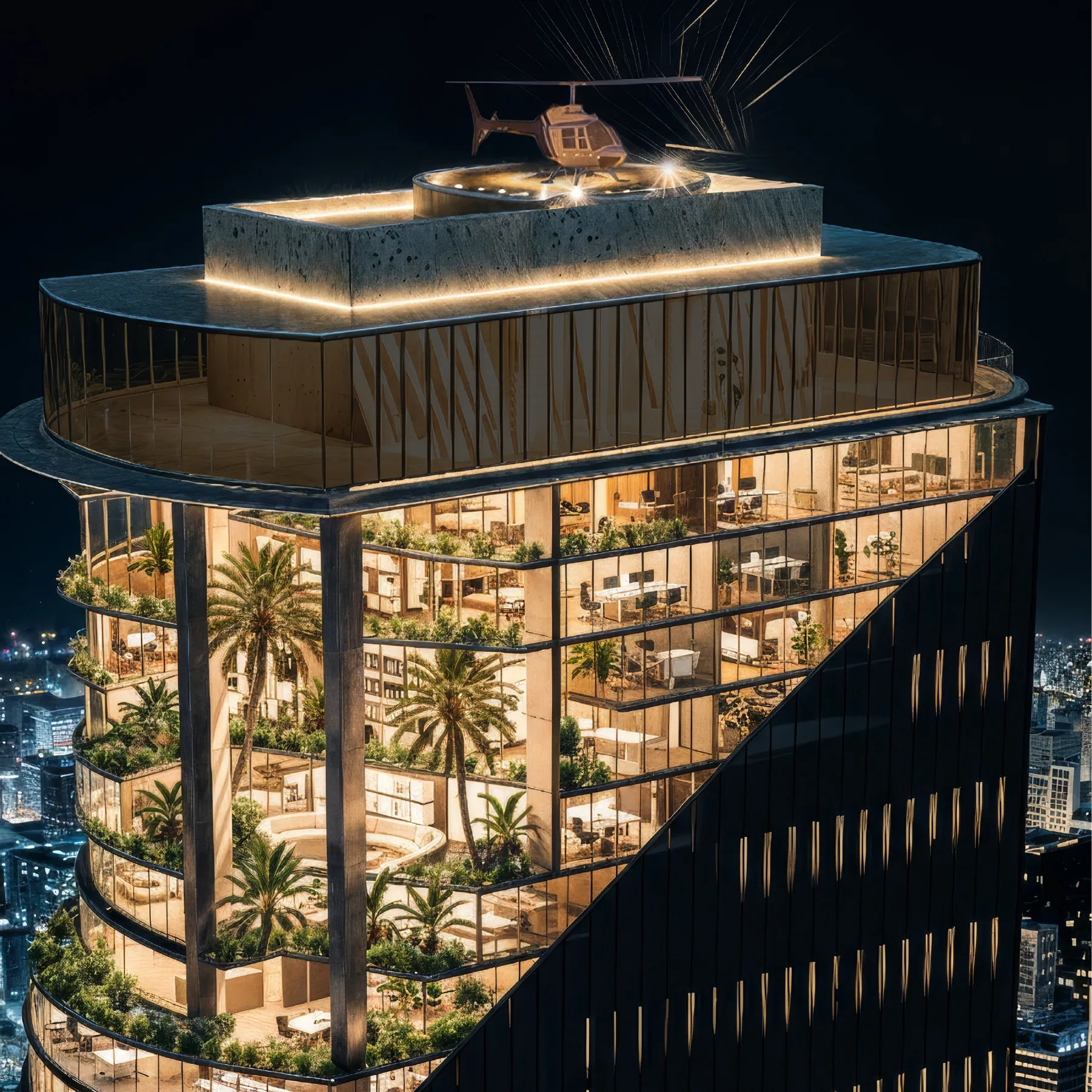 Rooftop amenity level cutaway at 1970 Office Tower Al Habtoor City